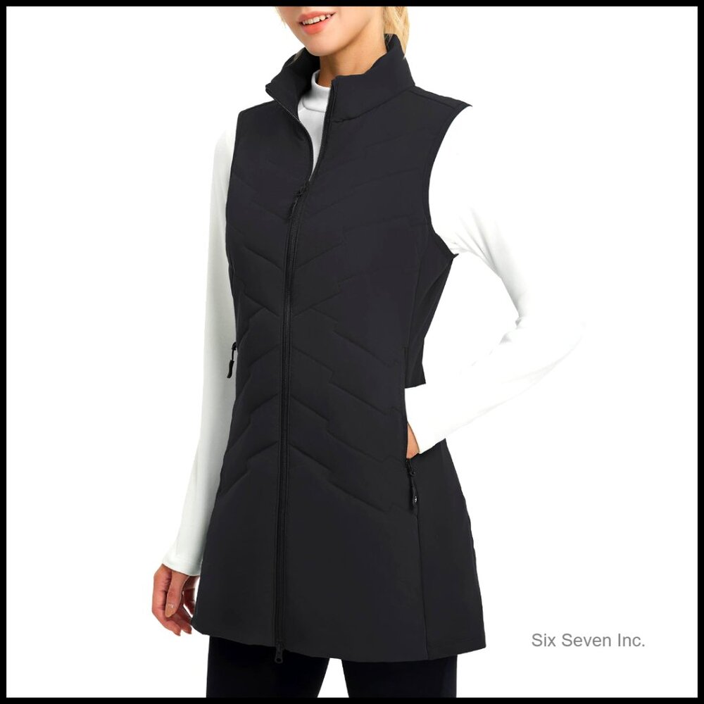 Long Puffer Vest Sleeveless Jacket Lightweight Fleece Hybrid Winter Warm